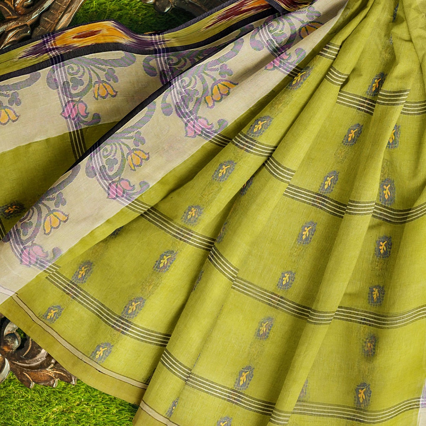 Exclusive Collection 100% Pure Cotton Olive Tant Saree With Hand Weaving Work - Swadesiicart