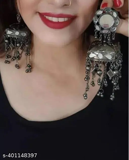 Tehzeeb Creations Women's Black Colour Oxidised Earrings | Swadesiicart