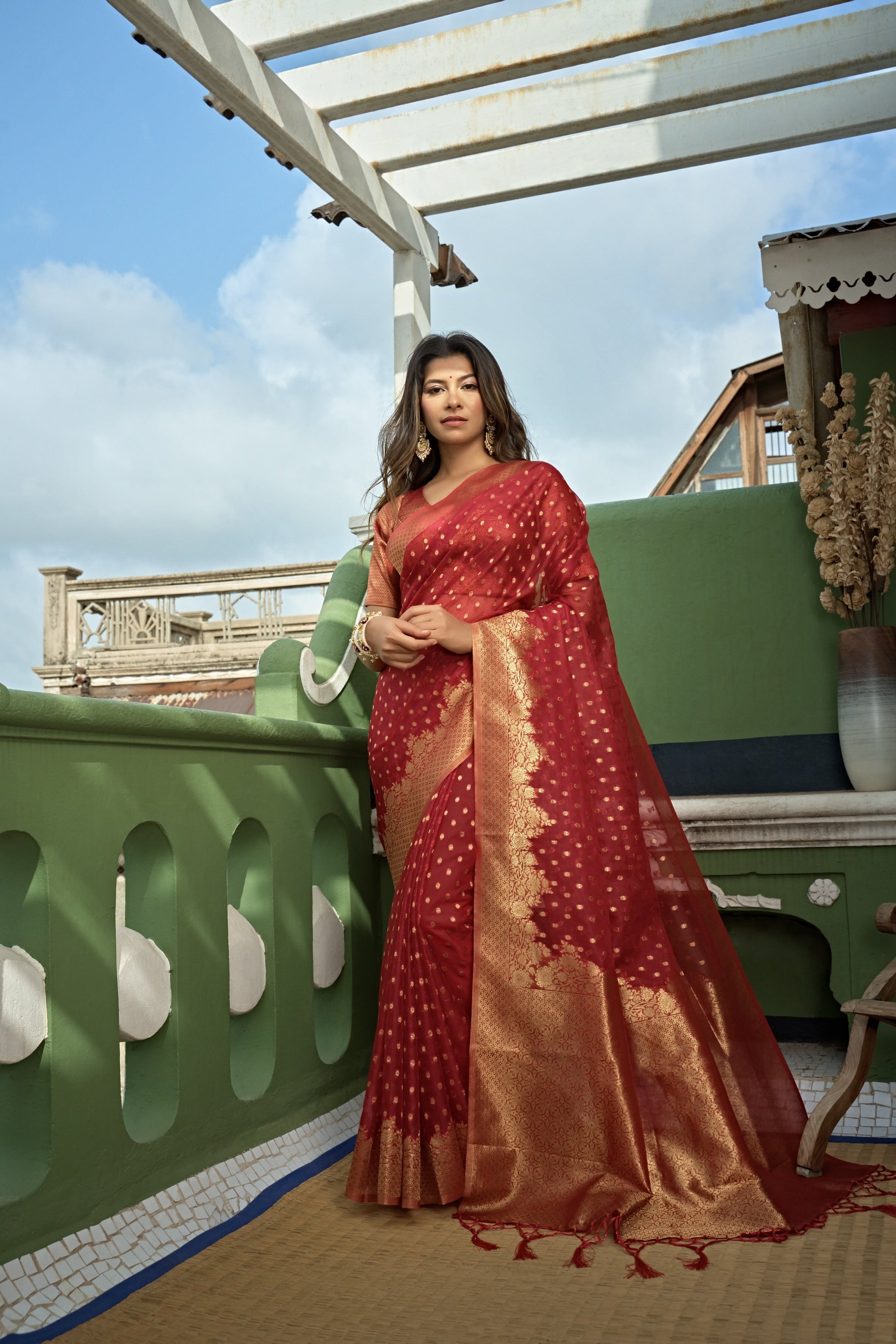 Vardha Apple Red Banarasi - Organza Saree | Swadesiicart