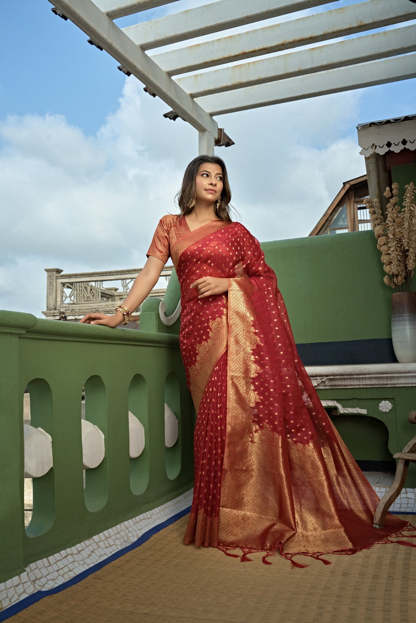 Vardha Apple Red Banarasi - Organza Saree | Swadesiicart