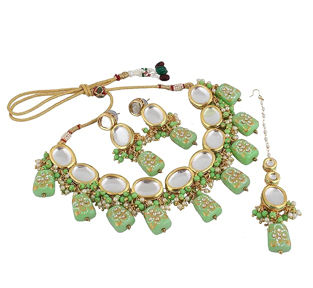 Tehzeeb Creations Back Meenakari Gold-Polished Tika Earring Jewellery Set Uncut Kundan Big Faux Kundan Dibbi Kundan Choker Necklace Set | Swadesiicart