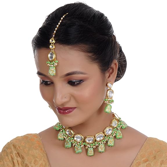 Tehzeeb Creations Back Meenakari Gold-Polished Tika Earring Jewellery Set Uncut Kundan Big Faux Kundan Dibbi Kundan Choker Necklace Set | Swadesiicart