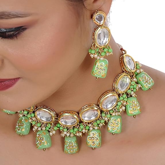 Tehzeeb Creations Back Meenakari Gold-Polished Tika Earring Jewellery Set Uncut Kundan Big Faux Kundan Dibbi Kundan Choker Necklace Set | Swadesiicart