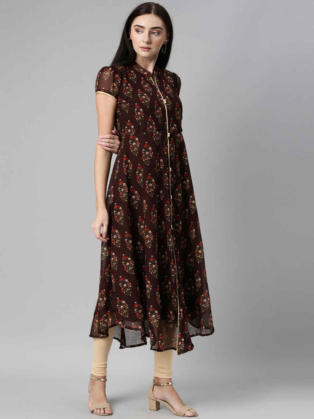 Souchii Women Brown & Red Floral Printed Block Print Kurta - Swadesiicart