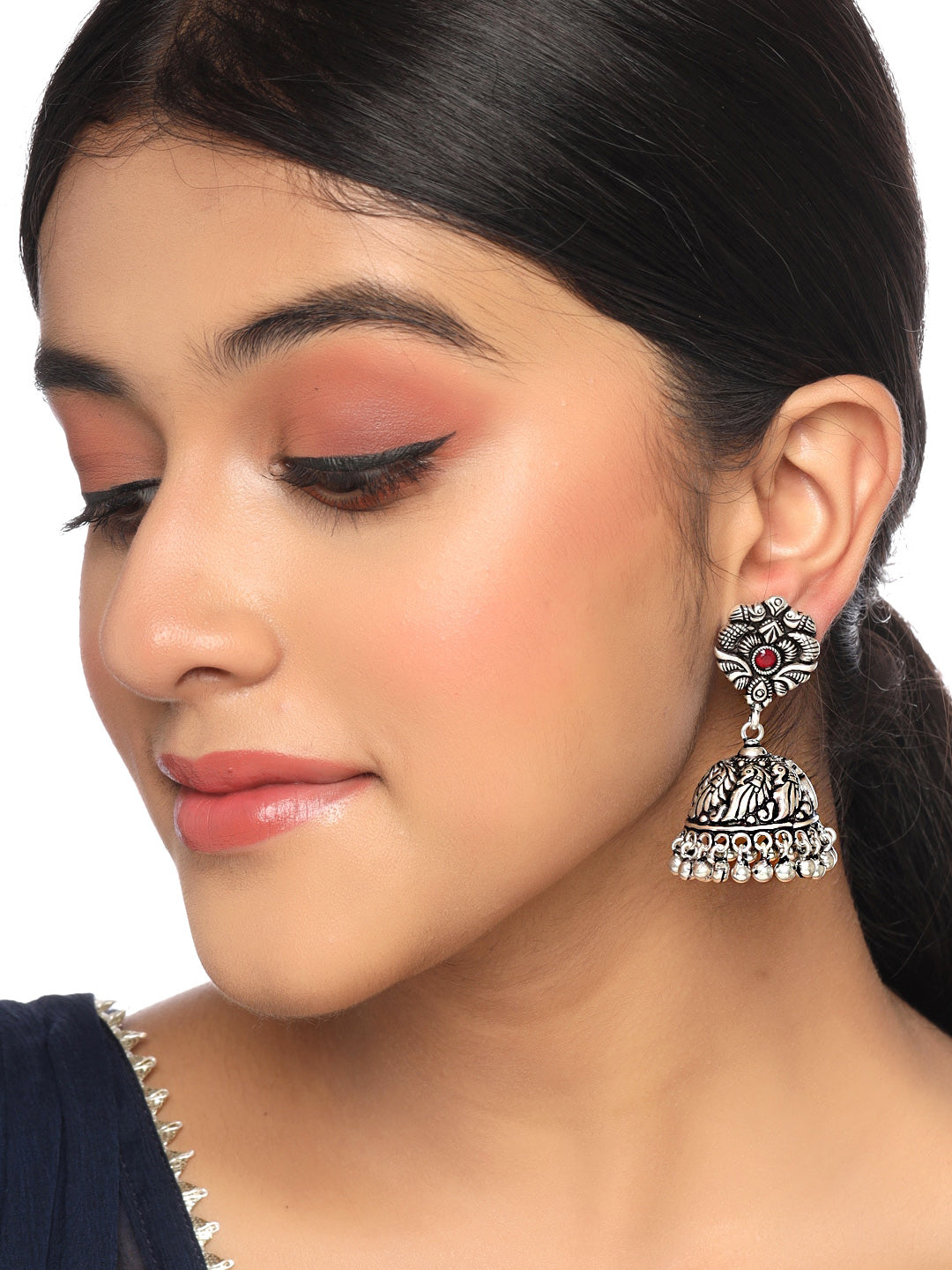 Yellow Chimes Silver-Plated Kolhapuri Peacock Design Jhumkas Earrings | Swadesiicart