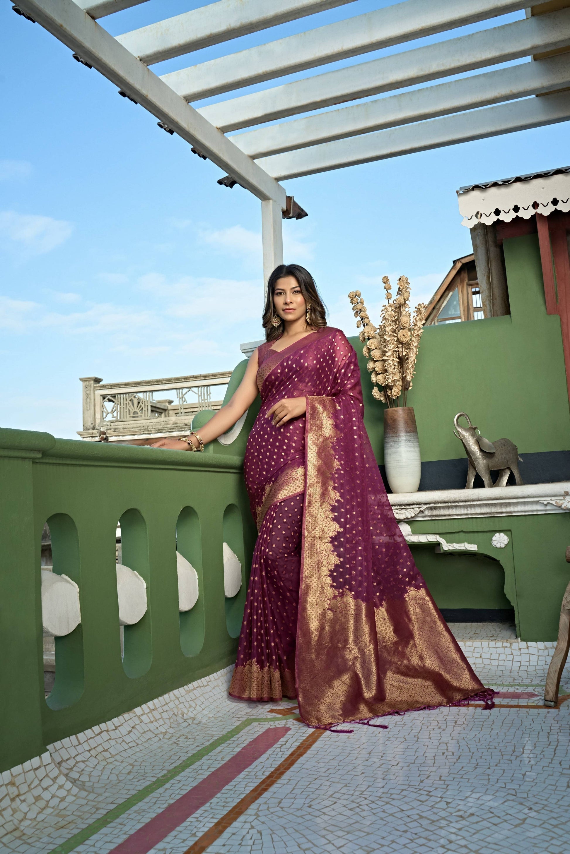 Vardha Wine Golden Zari Banarasi Organza Saree | Swadesiicart