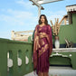 Vardha Wine Golden Zari Banarasi Organza Saree | Swadesiicart