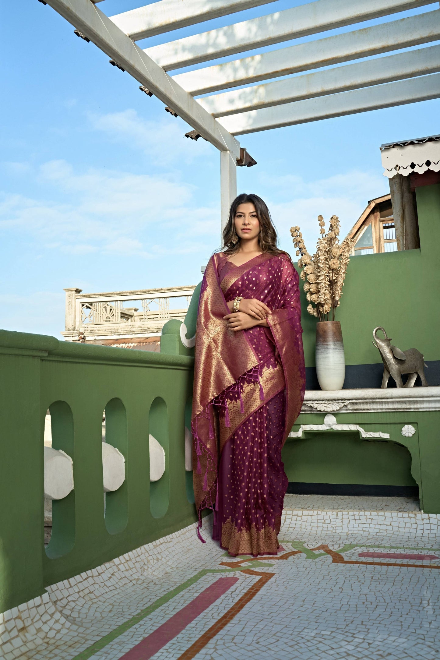 Vardha Wine Golden Zari Banarasi Organza Saree | Swadesiicart