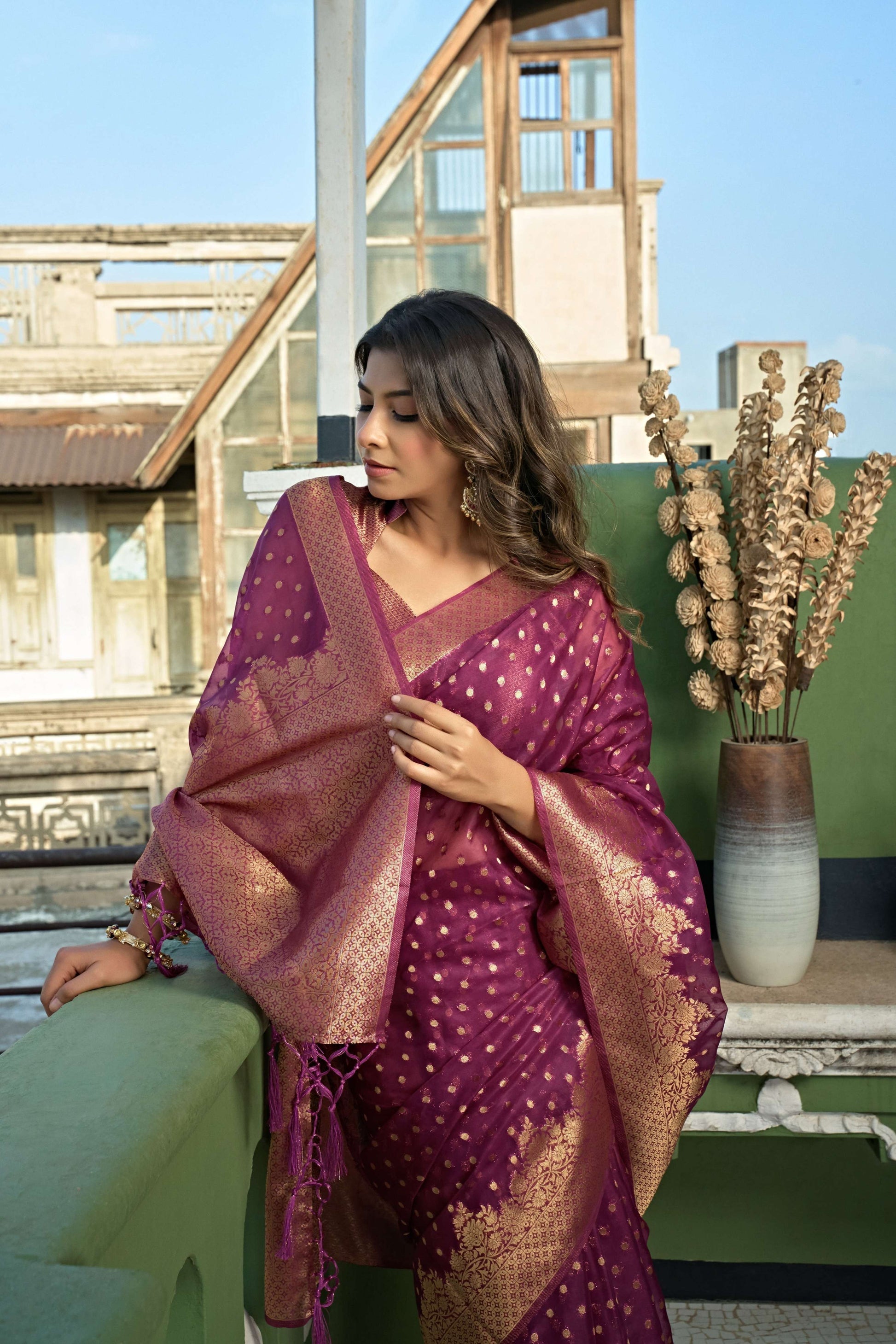 Vardha Wine Golden Zari Banarasi Organza Saree | Swadesiicart