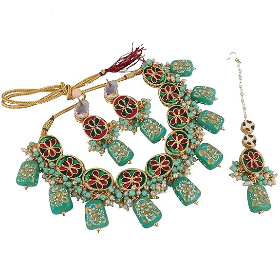 Tehzeeb Creations Back Meenakari Gold-Polished Tika Earring Jewellery Set Uncut Kundan Big Faux Kundan Dibbi Kundan Choker Necklace Set | Swadesiicart