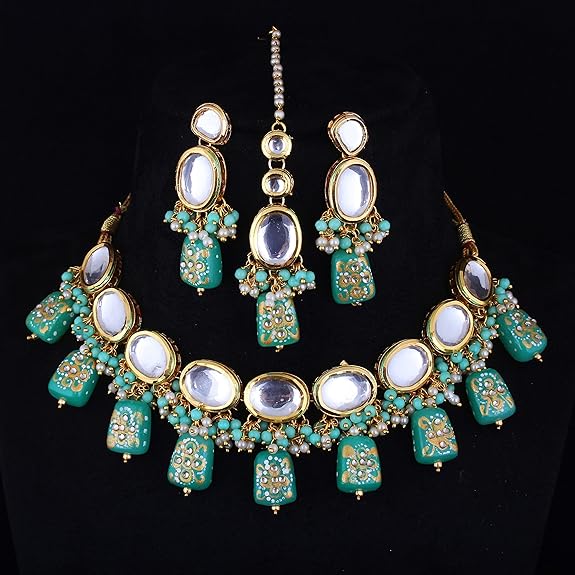 Tehzeeb Creations Back Meenakari Gold-Polished Tika Earring Jewellery Set Uncut Kundan Big Faux Kundan Dibbi Kundan Choker Necklace Set | Swadesiicart