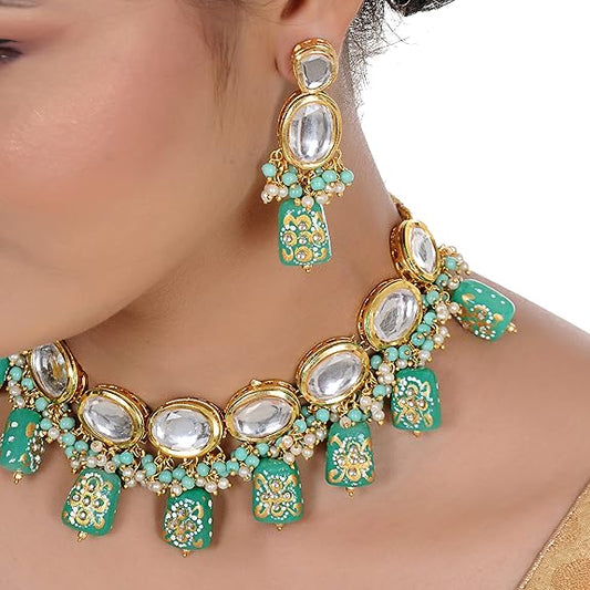 Tehzeeb Creations Back Meenakari Gold-Polished Tika Earring Jewellery Set Uncut Kundan Big Faux Kundan Dibbi Kundan Choker Necklace Set | Swadesiicart