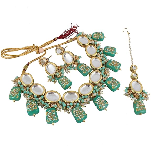 Tehzeeb Creations Back Meenakari Gold-Polished Tika Earring Jewellery Set Uncut Kundan Big Faux Kundan Dibbi Kundan Choker Necklace Set | Swadesiicart