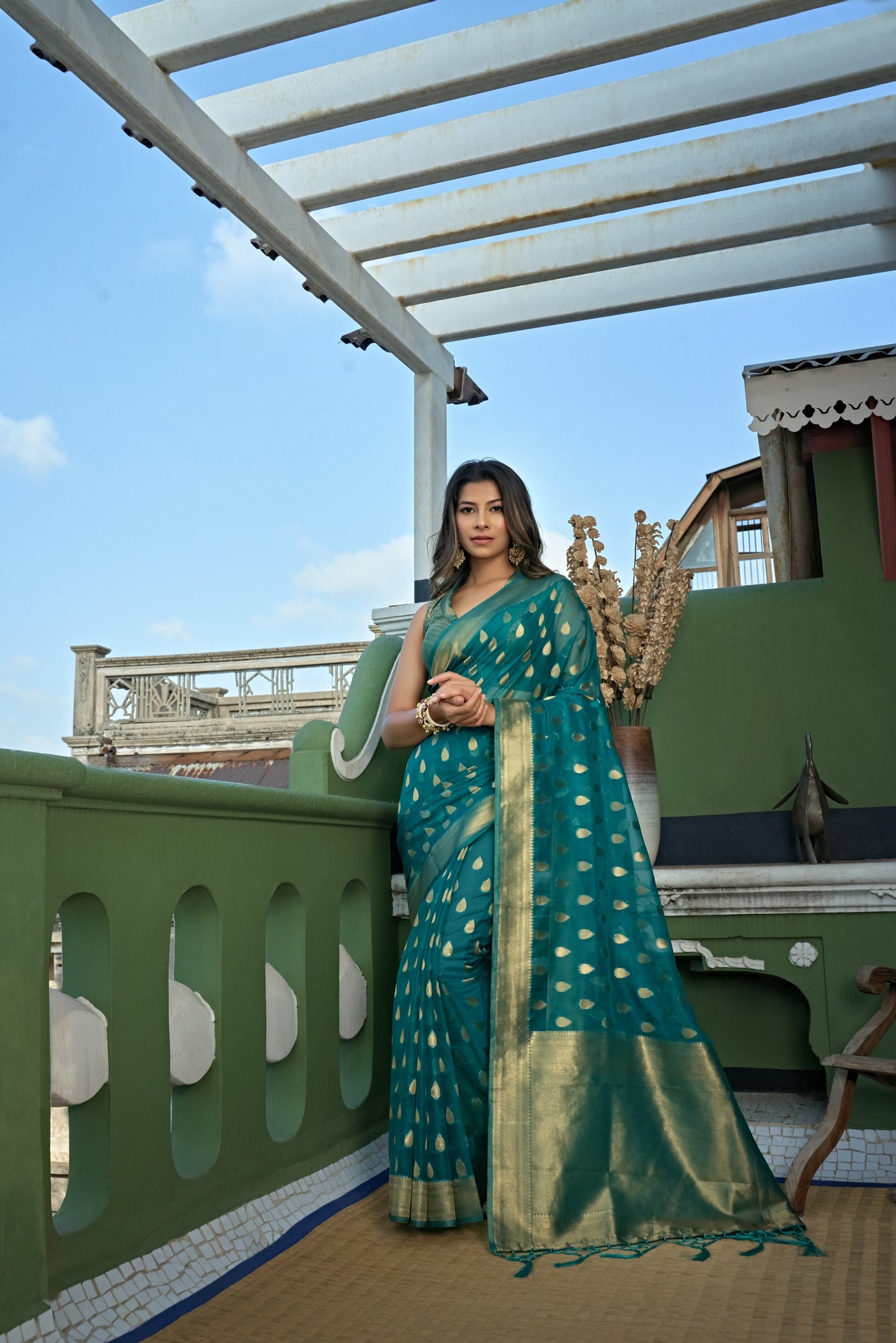 Vardha Teal Blue Golden Zari Banarasi Organza Saree | Swadesiicart