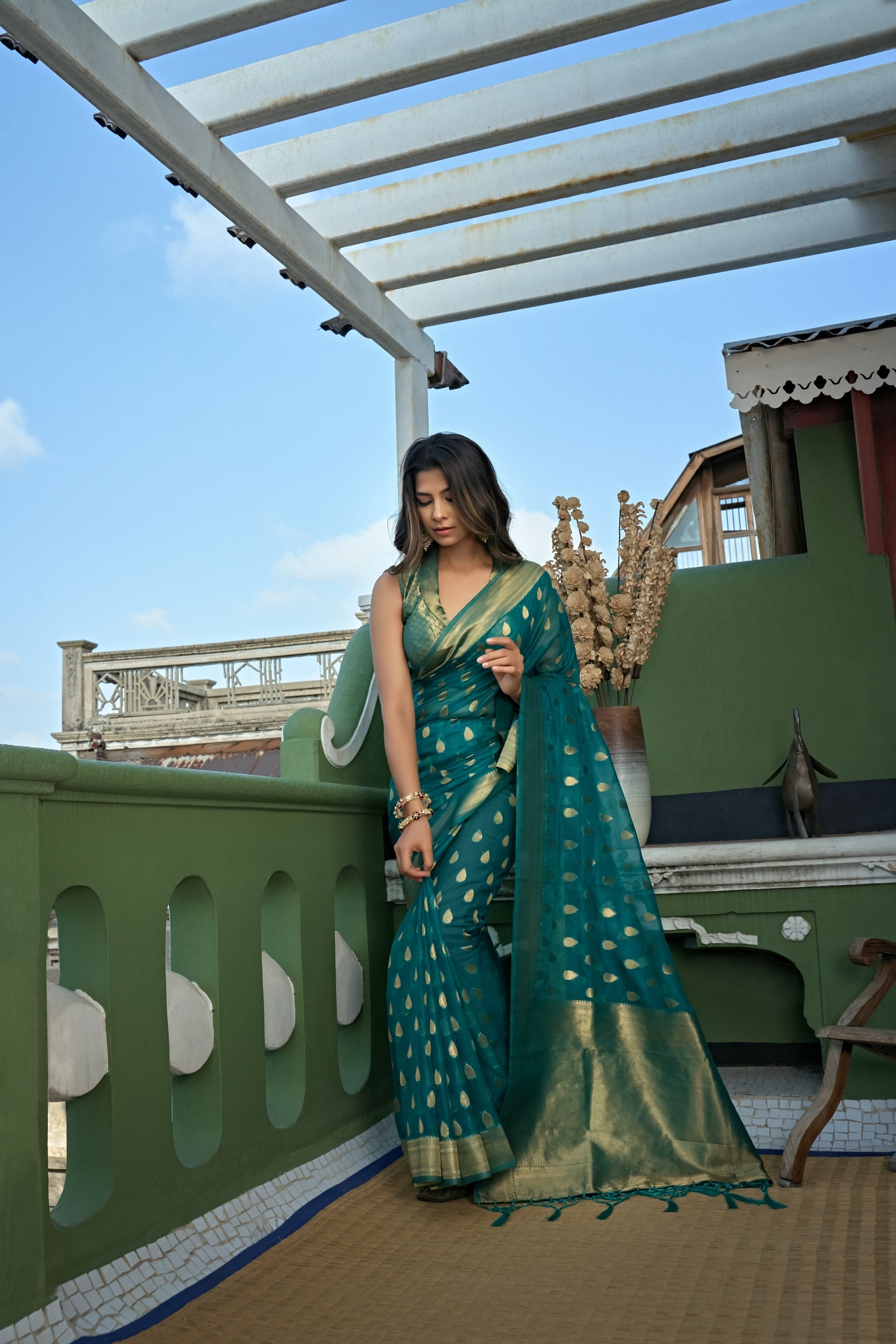Vardha Teal Blue Golden Zari Banarasi Organza Saree | Swadesiicart