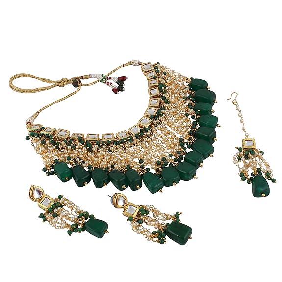 Tehzeeb Creations Back Meenakari Gold-Polished Green Color Square Shape Tika Earring Jewellery Set Uncut Kundan Big Faux Kundan Dibbi Kundan Choker Necklace Set | Swadesiicart