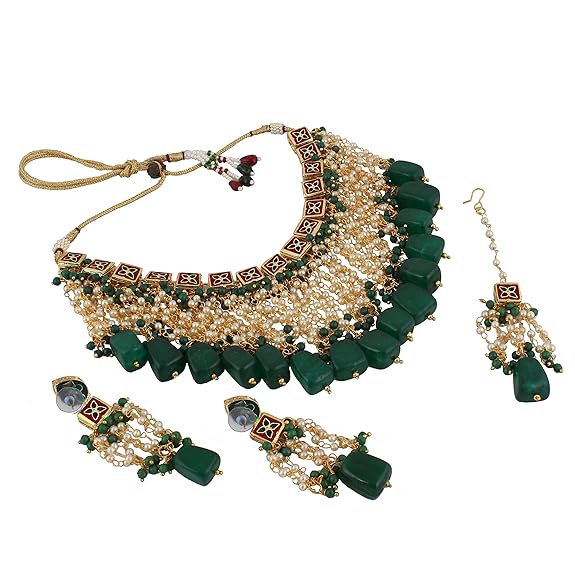 Tehzeeb Creations Back Meenakari Gold-Polished Green Color Square Shape Tika Earring Jewellery Set Uncut Kundan Big Faux Kundan Dibbi Kundan Choker Necklace Set | Swadesiicart