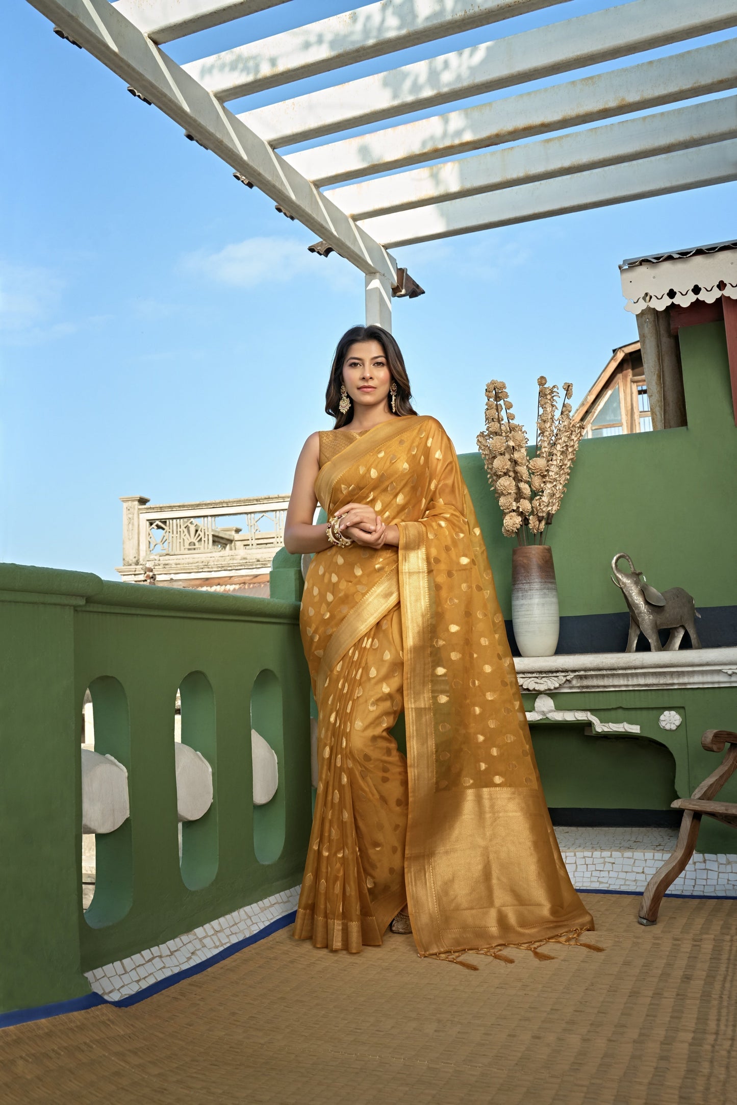 Vardha Amber Yellow Golden Zari Banarasi Organza Saree | Swadesiicart