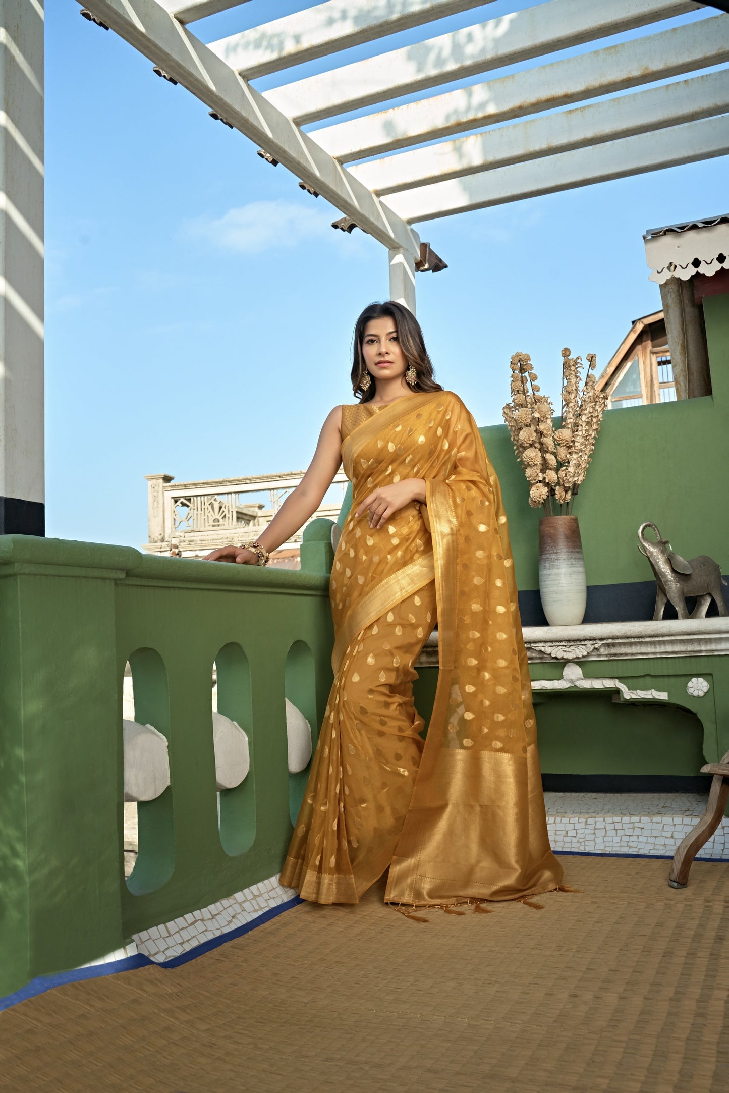 Vardha Amber Yellow Golden Zari Banarasi Organza Saree | Swadesiicart