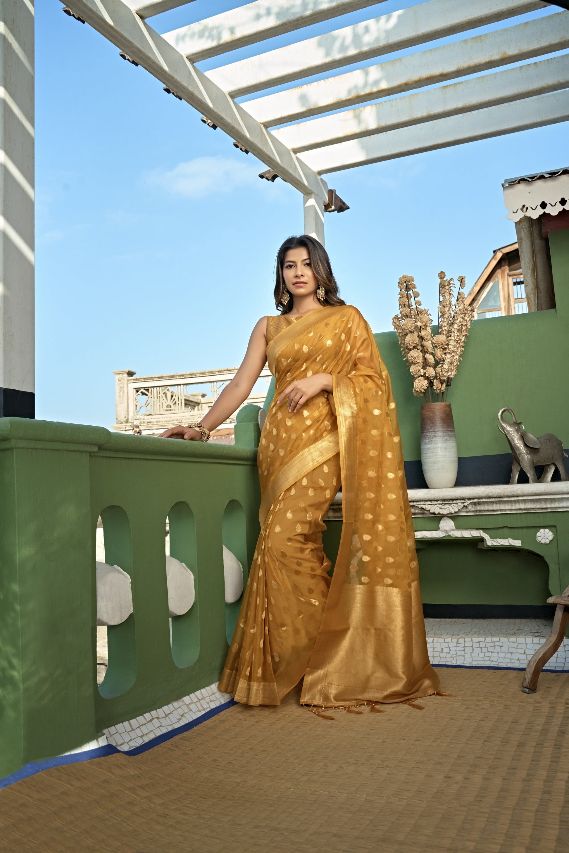 Vardha Amber Yellow Golden Zari Banarasi Organza Saree | Swadesiicart