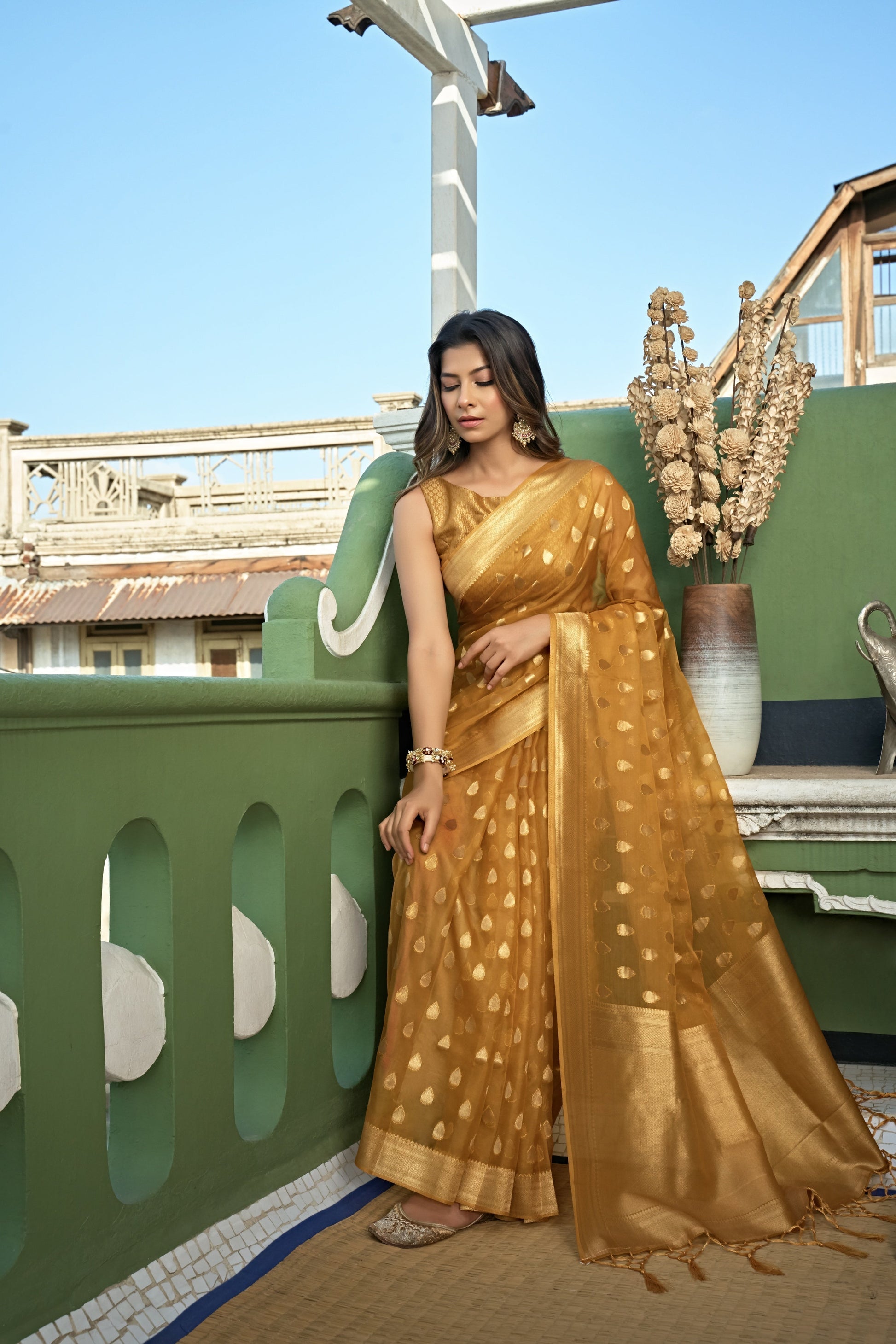 Vardha Amber Yellow Golden Zari Banarasi Organza Saree | Swadesiicart