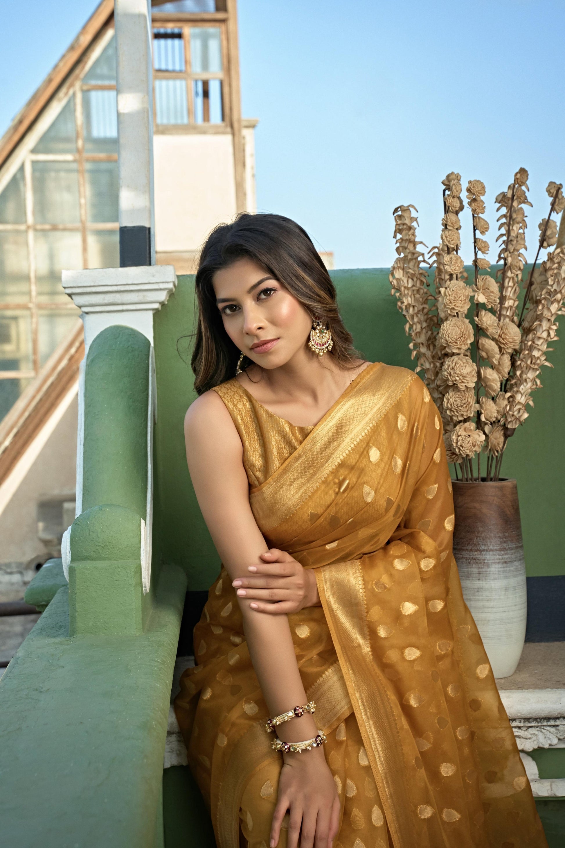 Vardha Amber Yellow Golden Zari Banarasi Organza Saree | Swadesiicart