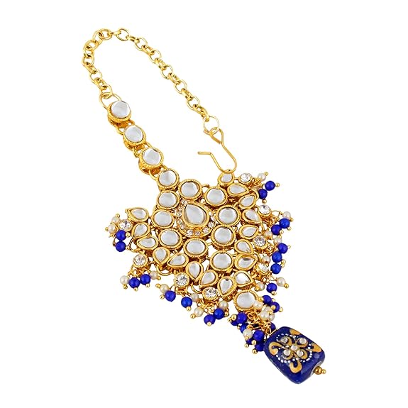 Tehzeeb Creations Traditional Gold-Polished Designer Blue Color Dulhan Choker Kundan Bridal Set | Swadesiicart