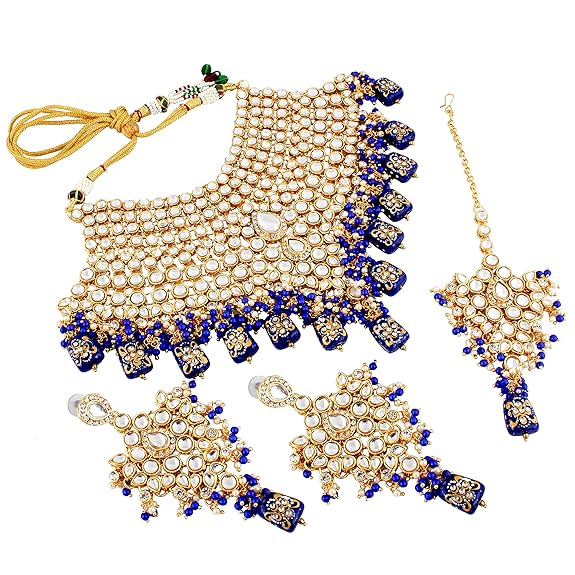 Tehzeeb Creations Traditional Gold-Polished Designer Blue Color Dulhan Choker Kundan Bridal Set | Swadesiicart