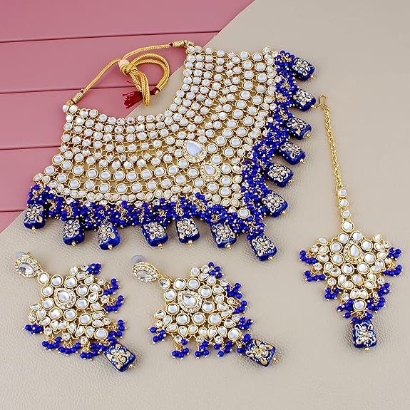 Tehzeeb Creations Traditional Gold-Polished Designer Blue Color Dulhan Choker Kundan Bridal Set | Swadesiicart