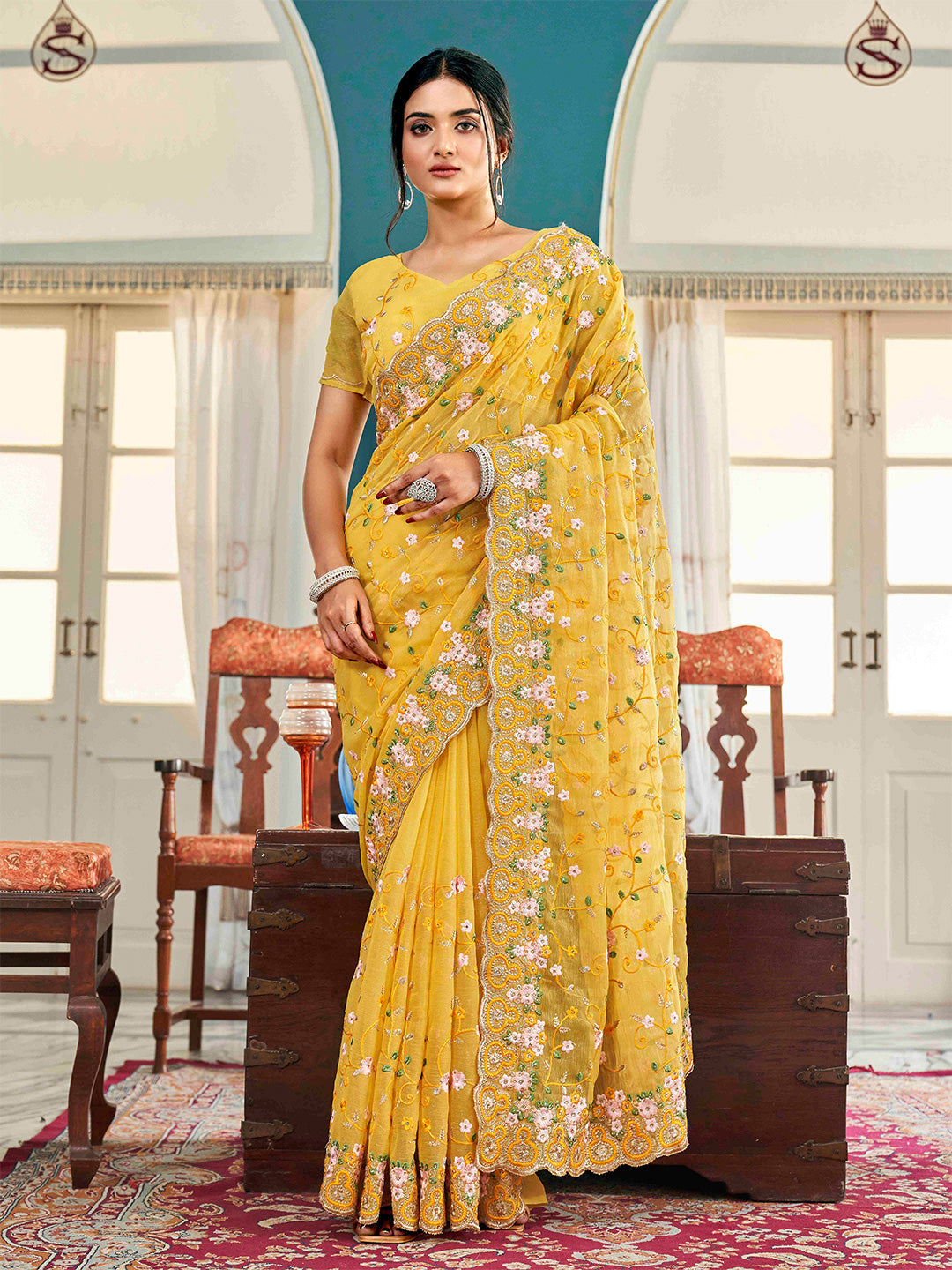 Tikhi Imli Yellow Ethnic Motifs Beads and Stones Embroidered Saree | Swadesiicart