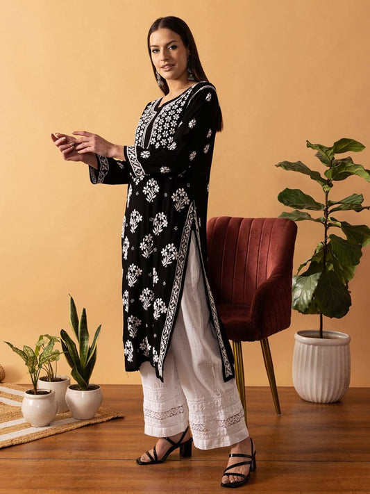 ADA Floral Printed Lucknowi Chikankari Kurta | Swadesiicart