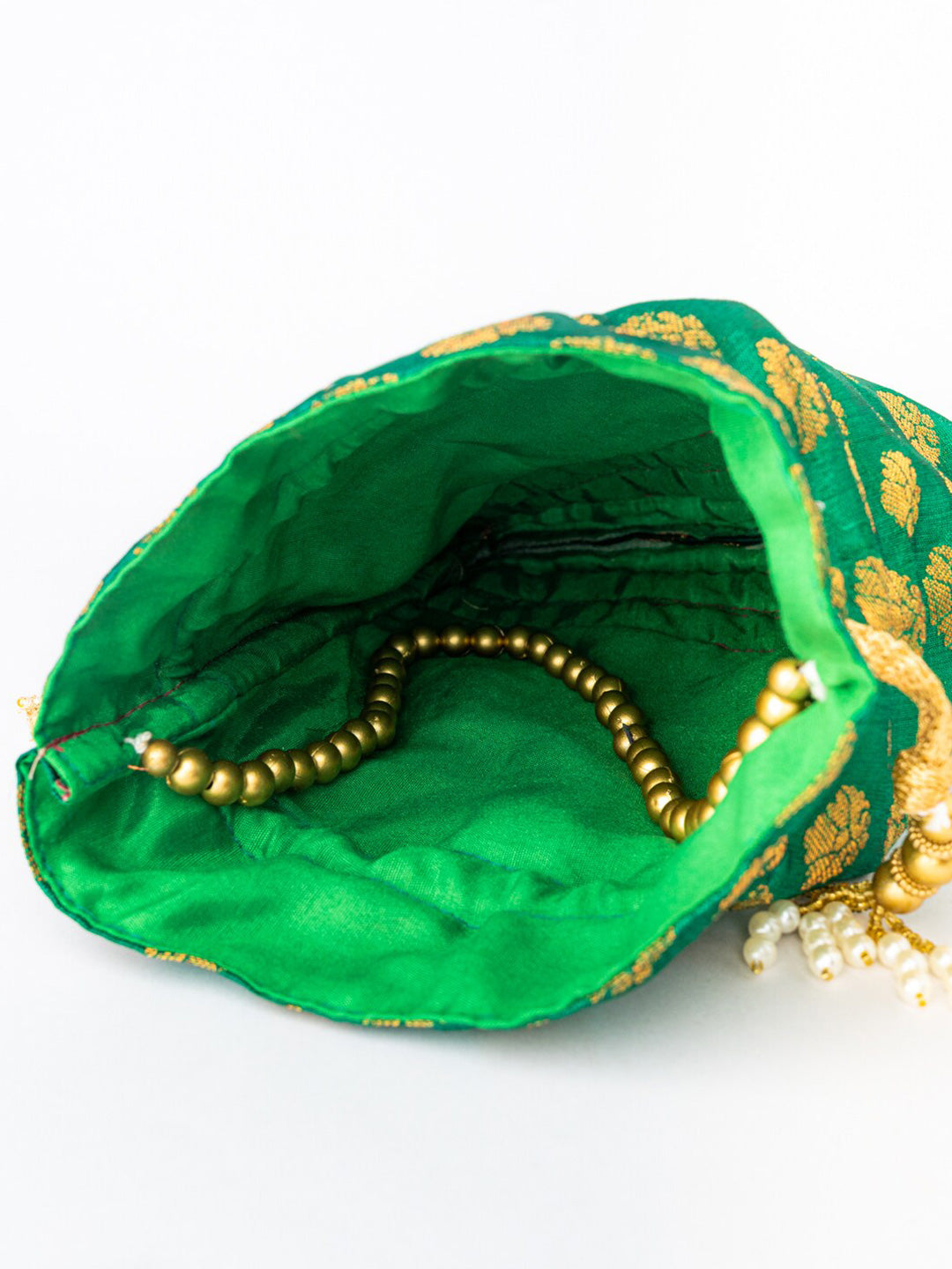 NR By Nidhi Rathi Green & Gold-Toned Banarasi Printed Potli Clutch - Swadesiicart