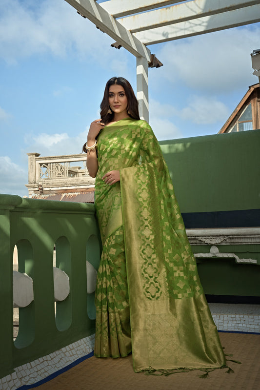 Vardha Lime Green Golden Zari Banarasi Organza Saree | Swadesiicart