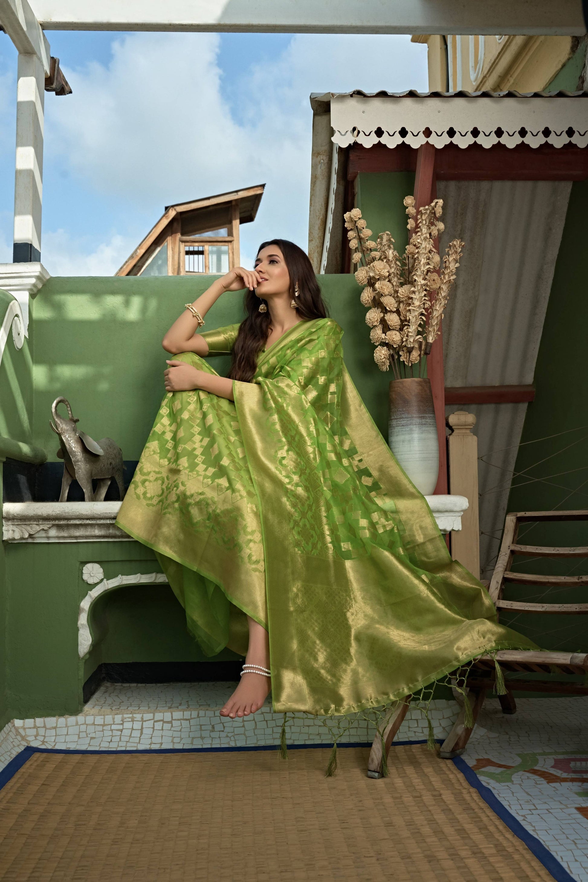 Vardha Lime Green Golden Zari Banarasi Organza Saree | Swadesiicart