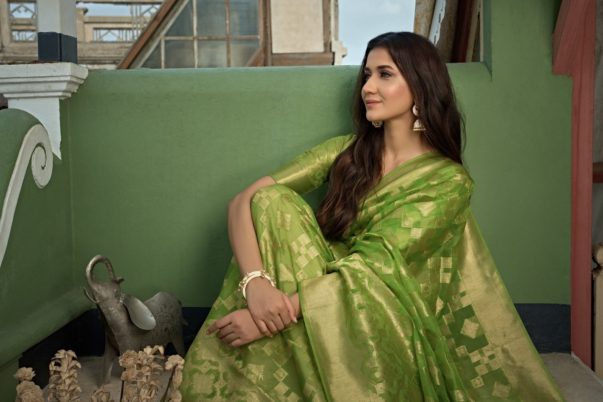 Vardha Lime Green Golden Zari Banarasi Organza Saree | Swadesiicart