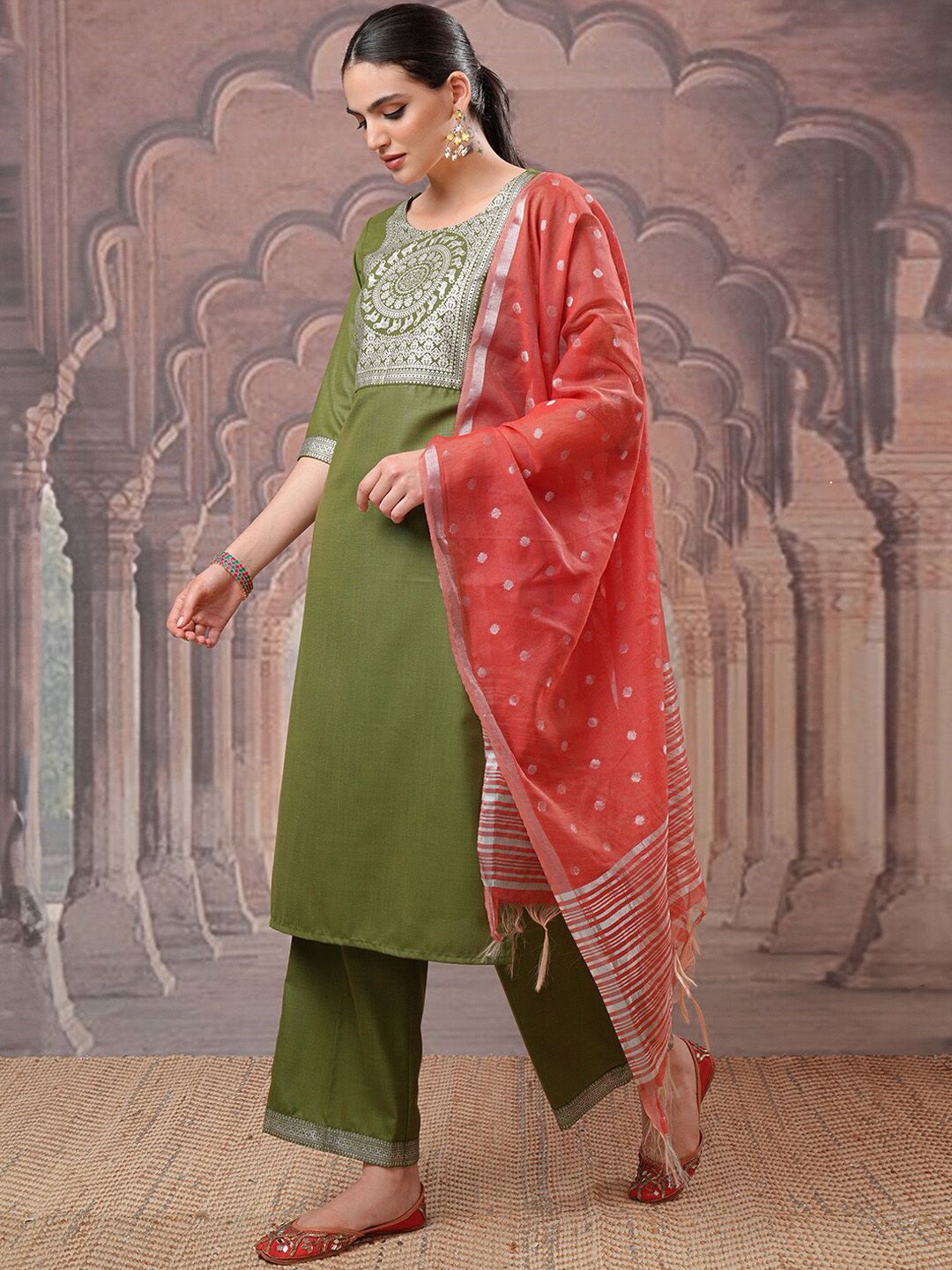 Vishudh Green Ethnic Motifs Printed Kurta with Palazzo & Dupatta - Swadesiicart