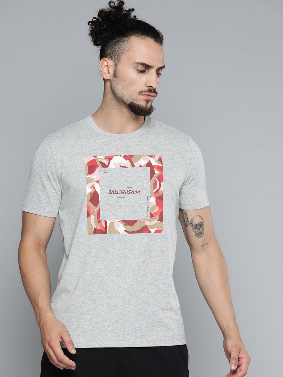 Alcis Men Grey Melange Typography Printed Slim Fit Gym T-shirt | Swadesiicart