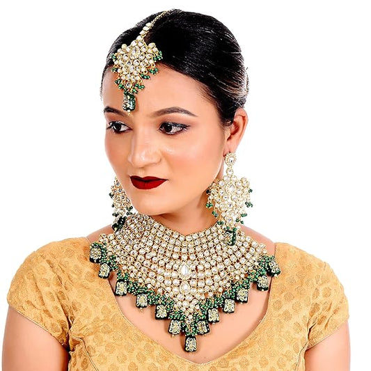 Tehzeeb Creations Traditional Gold-Polished Designer Blue Color Dulhan Choker Kundan Bridal Set | Swadesiicart