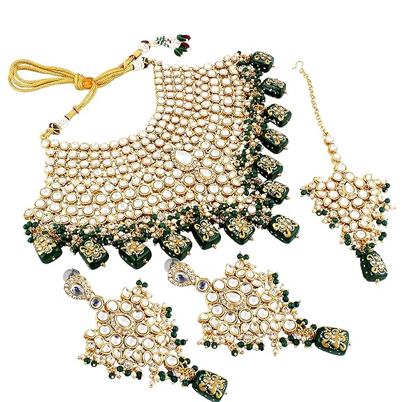 Tehzeeb Creations Traditional Gold-Polished Designer Blue Color Dulhan Choker Kundan Bridal Set | Swadesiicart