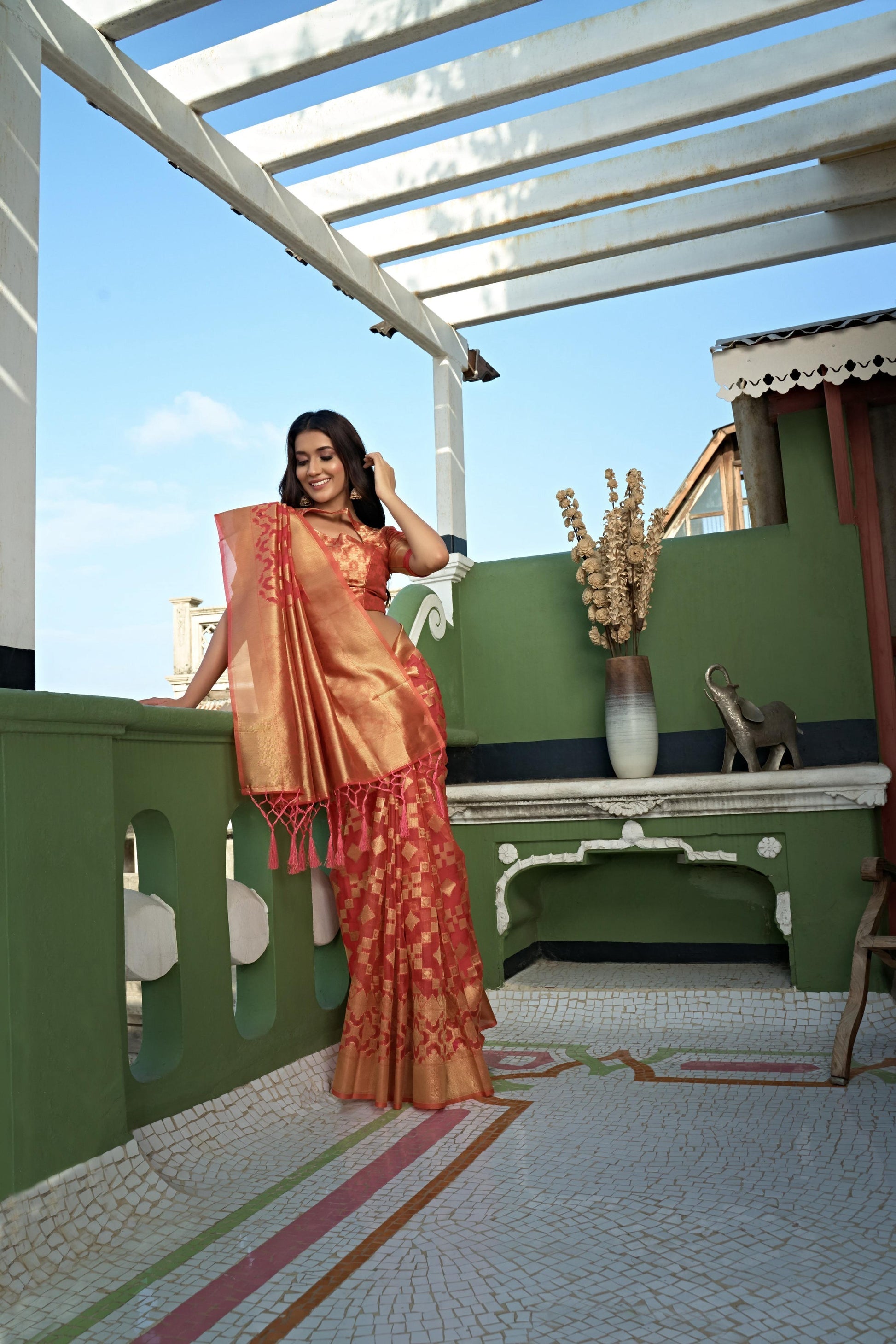Vardha Tangerine Orange Golden Zari Banarasi Organza Saree | Swadesiicart