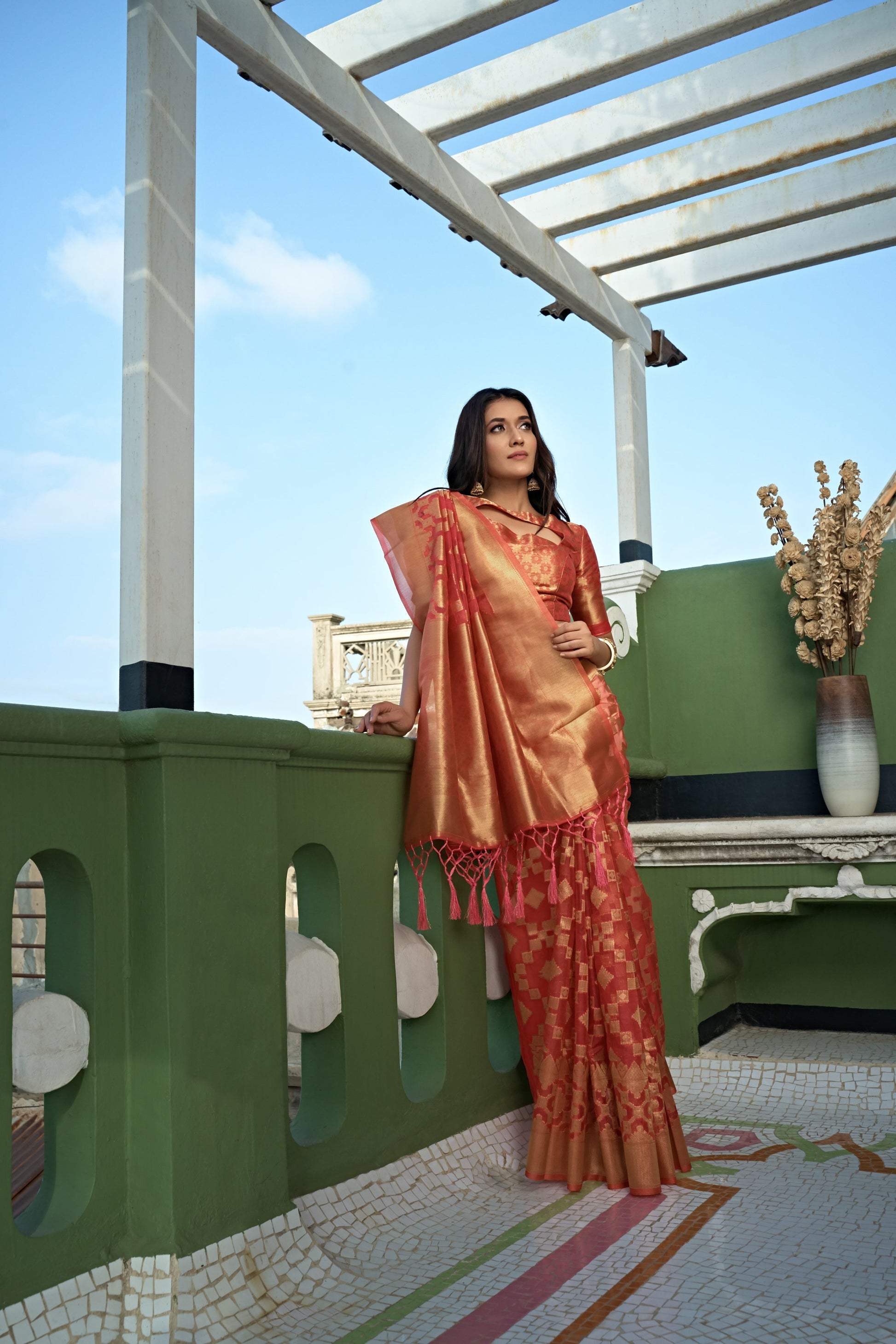 Vardha Tangerine Orange Golden Zari Banarasi Organza Saree | Swadesiicart