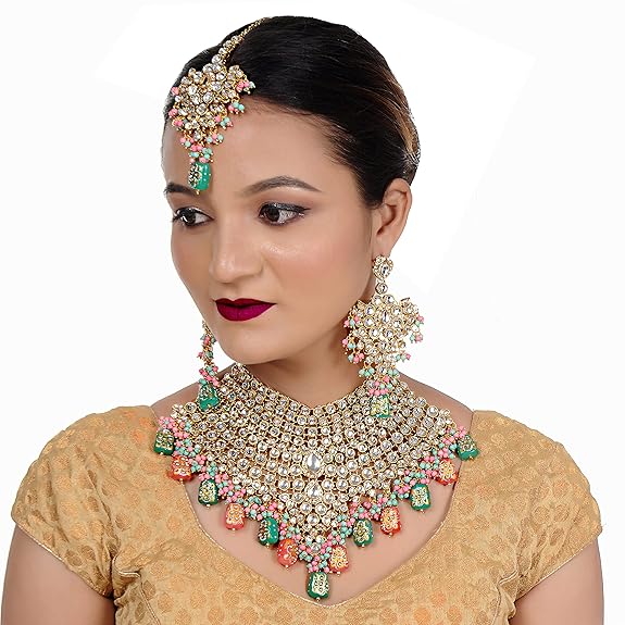 Tehzeeb Creations Traditional Gold-Polished Designer Blue Color Dulhan Choker Kundan Bridal Set | Swadesiicart