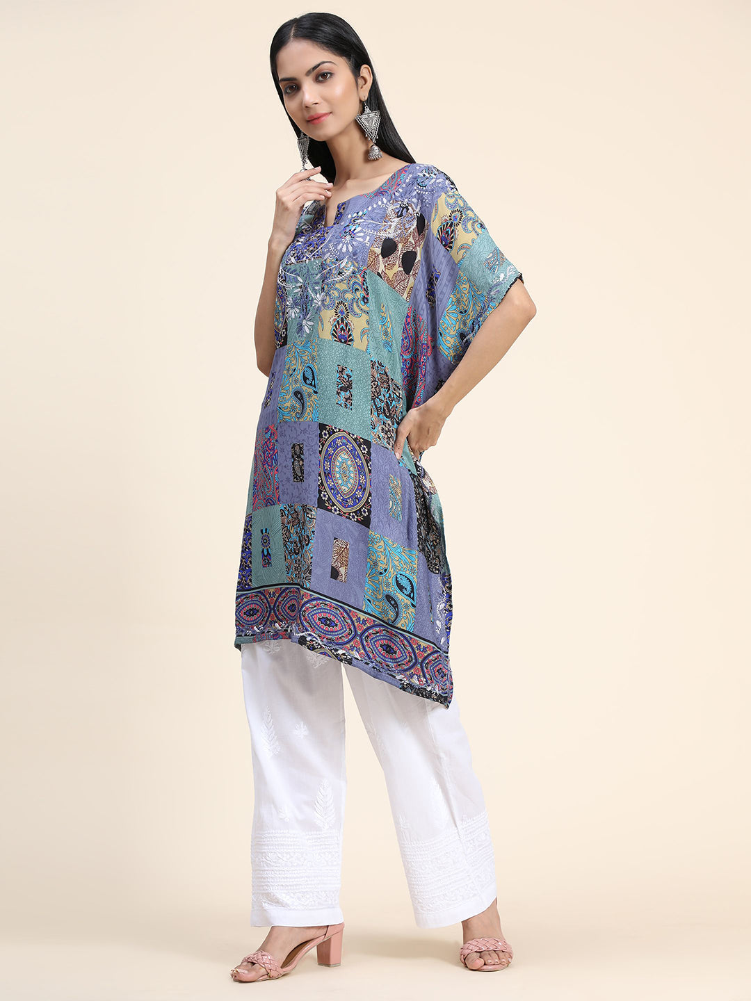 HOUSE OF KARI Ethnic Motifs Printed Notched Neck Chikankari Embroidery Cotton Kaftan Kurta | Swadesiicart