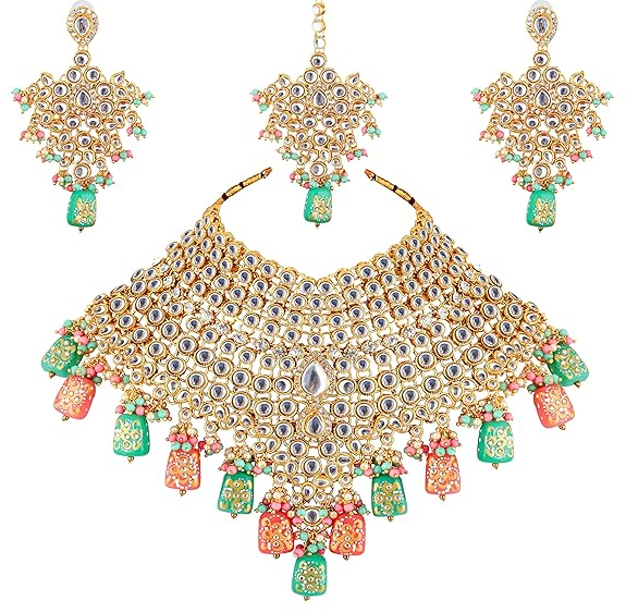 Tehzeeb Creations Traditional Gold-Polished Designer Blue Color Dulhan Choker Kundan Bridal Set | Swadesiicart