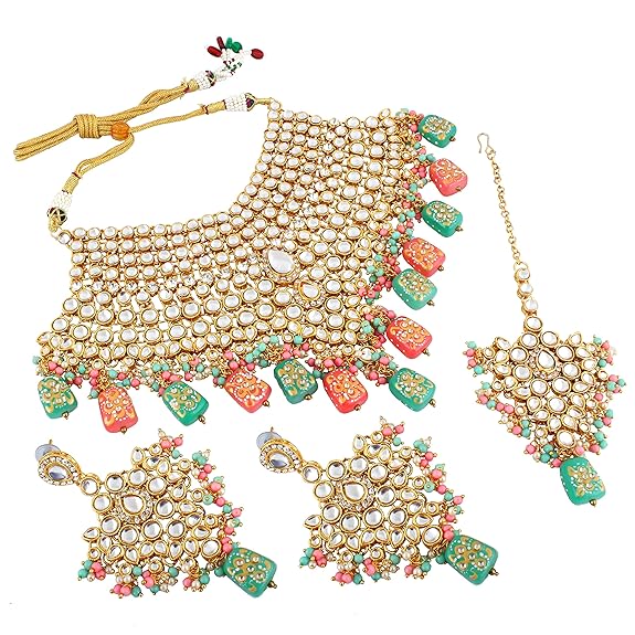 Tehzeeb Creations Traditional Gold-Polished Designer Blue Color Dulhan Choker Kundan Bridal Set | Swadesiicart
