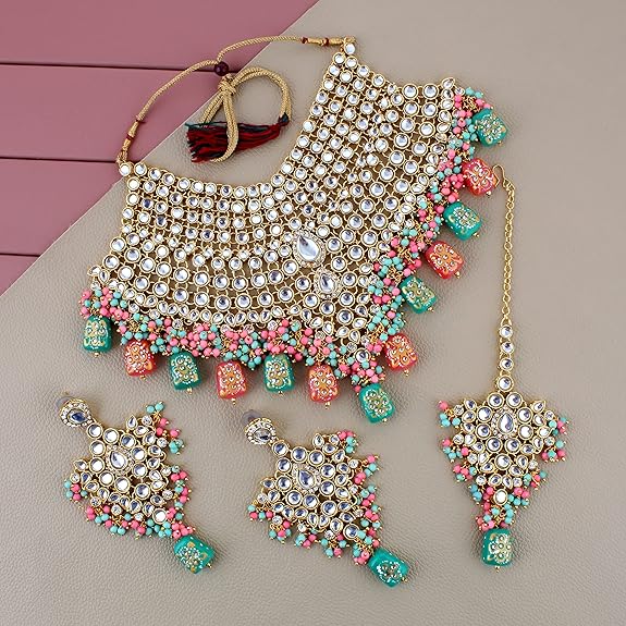 Tehzeeb Creations Traditional Gold-Polished Designer Blue Color Dulhan Choker Kundan Bridal Set | Swadesiicart