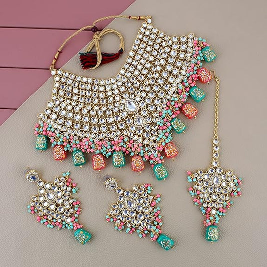 Tehzeeb Creations Traditional Gold-Polished Designer Blue Color Dulhan Choker Kundan Bridal Set | Swadesiicart