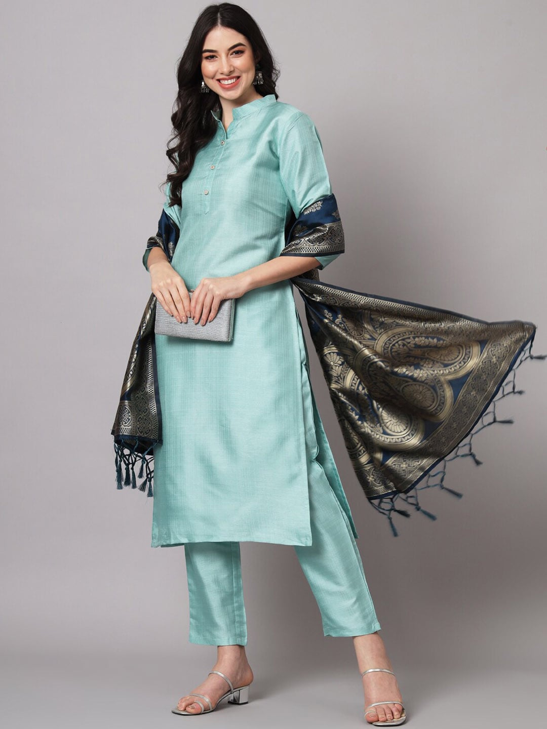 Kalini Cotton Silk Blend Kurta with Trousers & Banarasi Silk Dupatta | Swadesiicart