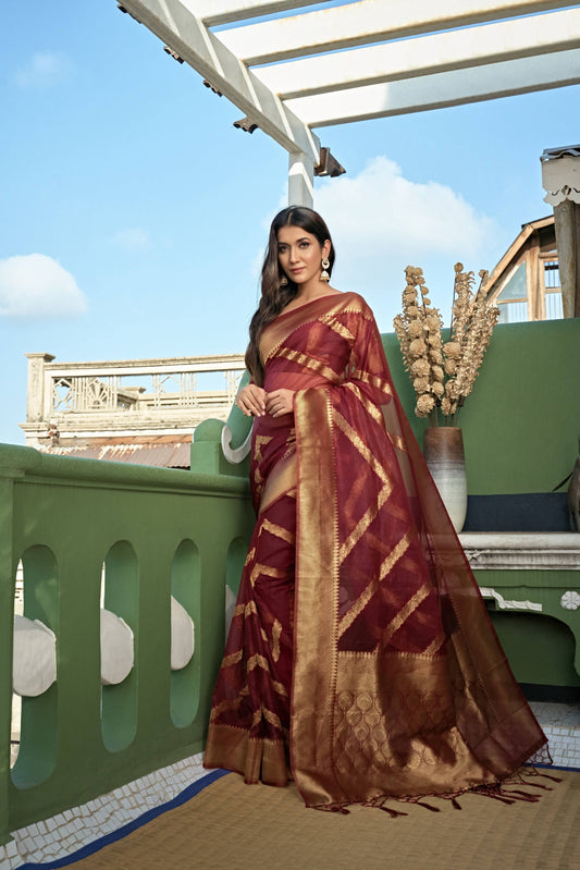 Vardha Ruby Red Golden Zari Banarasi Organza Saree | Swadesiicart