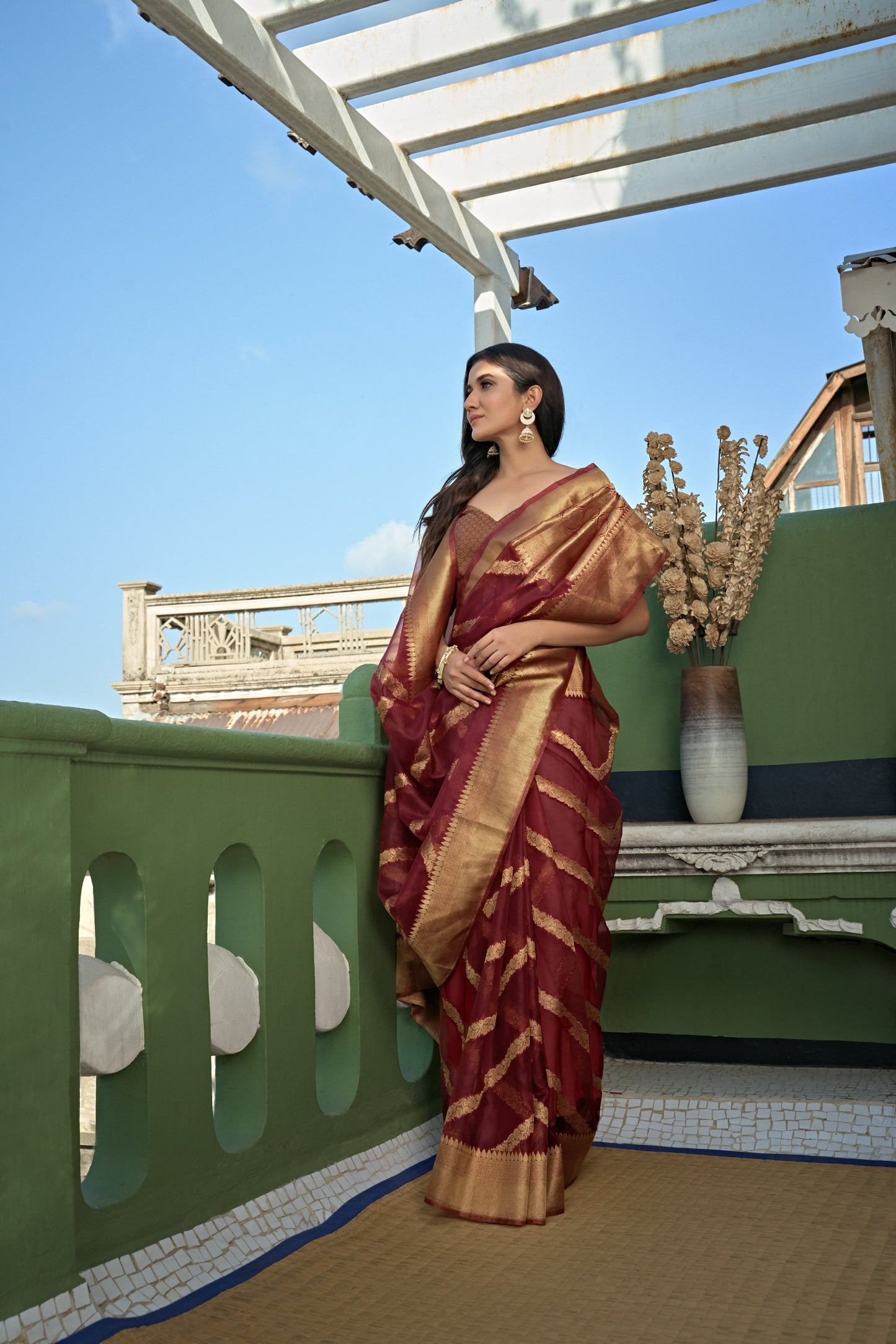 Vardha Ruby Red Golden Zari Banarasi Organza Saree | Swadesiicart